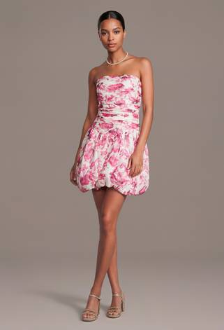 View DB Studio Strapless Floral Print Bubble Hem Mini Dress in all available color and sizes Picture of Strapless Floral Print Bubble Hem Mini Dress